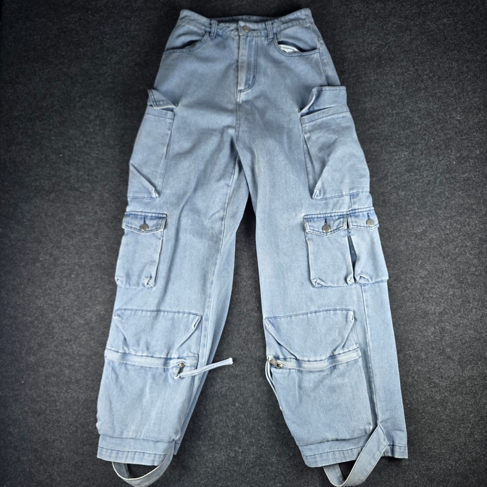 Aelfric Eden Women's Light Blue Cargo Pants Multi Pocket Strap Detail Size 26